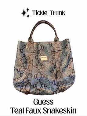 GUESS Teal Blue Snakeskin-Print Faux Leather Large Tote Bag